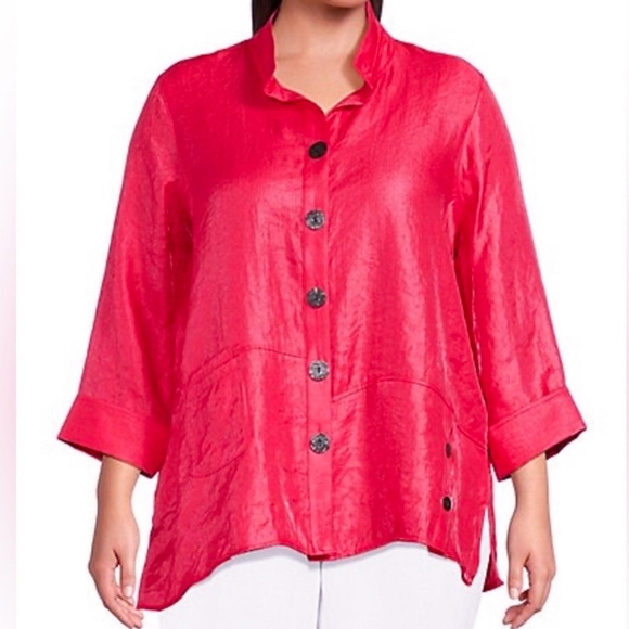Ali Miles, Pink Woven Shimmer Stand Collar Button Front Pocket Tunic SZ Large - Picture 1 of 13
